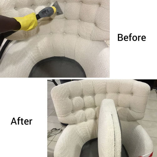 Before and after comparison of fabric sofa cleaning service provided by Carpet Solutions Dubai.